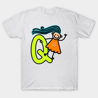 Letter Q for girls alphabet Kids Colorful Cartoon Character T-Shirt